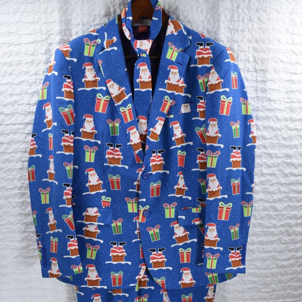 OppoSuits Christmaster Blue Christmas Suit Set Santa Chimney Novelty 3pc Mens